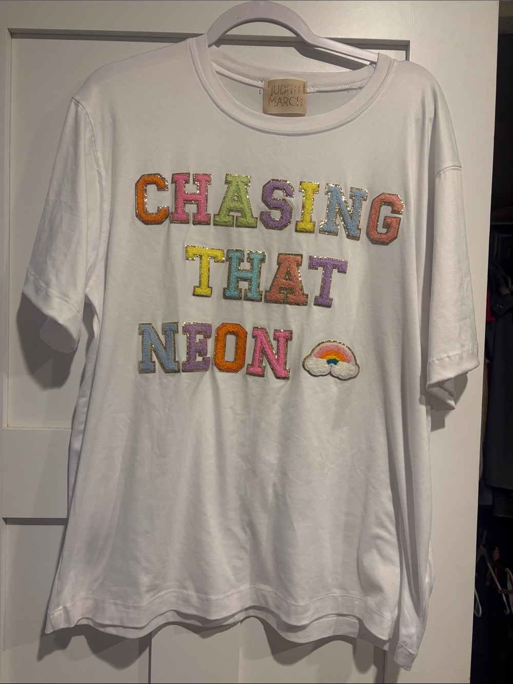 Judith March White Tee with Multicolor Neon Patch Letters: Chasing That Neon 🌈